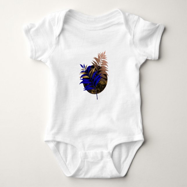 Blue fern on black circle baby bodysuit (Front)