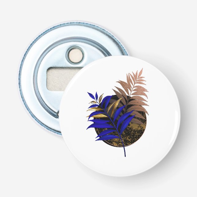 Blue fern on black circle bottle opener (Front)