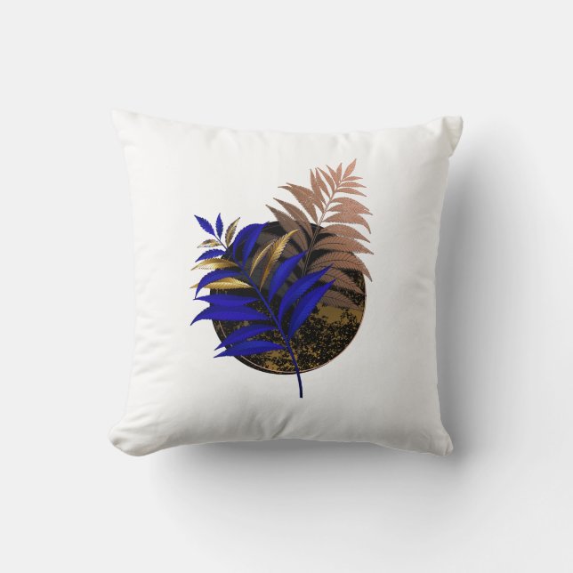 Blue fern on black circle cushion (Front)