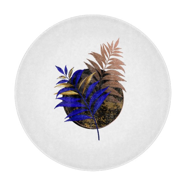Blue fern on black circle cutting board (Front)