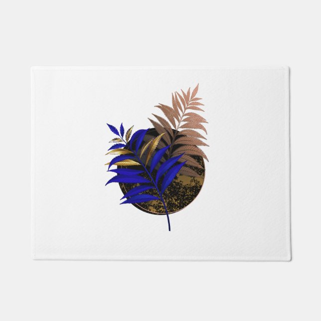 Blue fern on black circle doormat (Front)