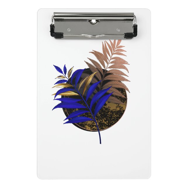 Blue fern on black circle mini clipboard (Front)