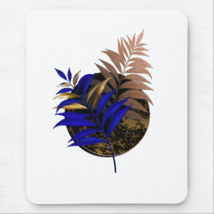 Blue fern on black circle mouse pad