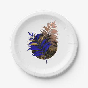 Blue fern on black circle paper plate