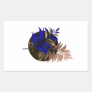 Blue fern on black circle rectangular sticker
