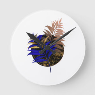 Blue fern on black circle round clock