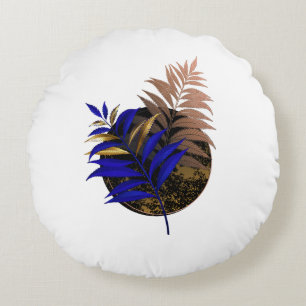 Blue fern on black circle round cushion