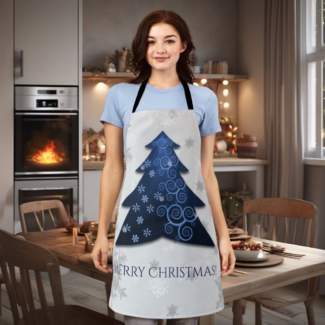 Blue Festive Christmas Tree All-Over Print Apron (Blue Festive Christmas Tree Apron)