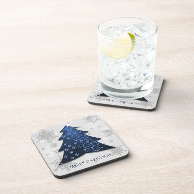 Blue Festive Christmas Tree Hard Plastic Coaster (Right Side)