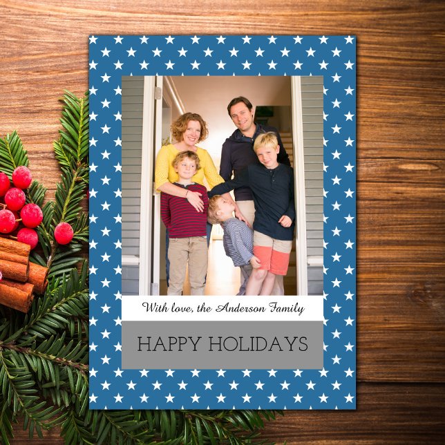 Blue Festive Stars Holiday Photo Flat Card (Blue Festive Stars Holiday Photo Card)