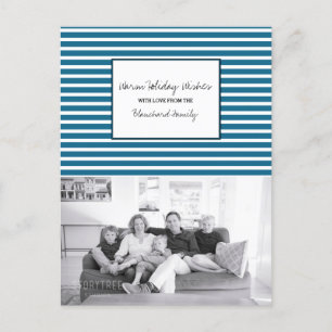 Blue Festive Stripes Holiday Photo Postcard