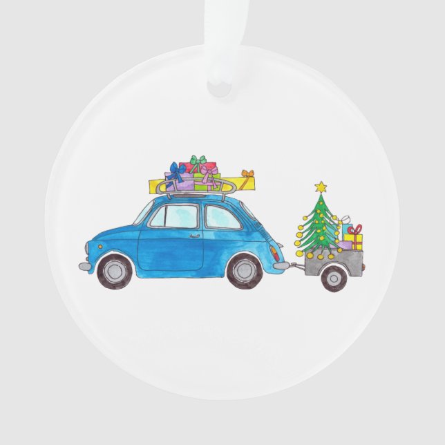 Blue Fiat 500 with Christmas Gifts Watercolor Ornament (Front)
