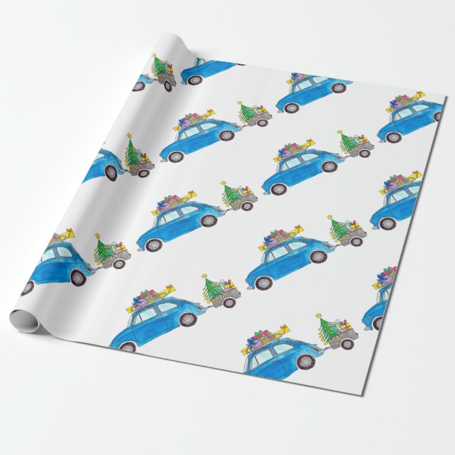 Blue Fiat 500 with Christmas Gifts Watercolor Wrapping Paper (Unrolled)