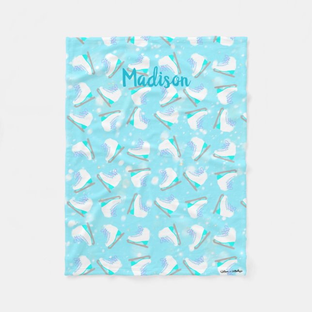 Blue Figure Skate Pattern Cute Kawaii Personalized Fleece Blanket (Front)
