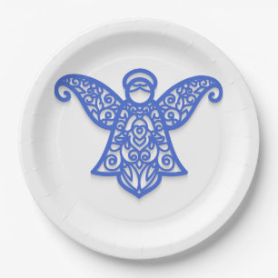 Blue Filigree Angel Silhouette Ornate Lace Paper Plate