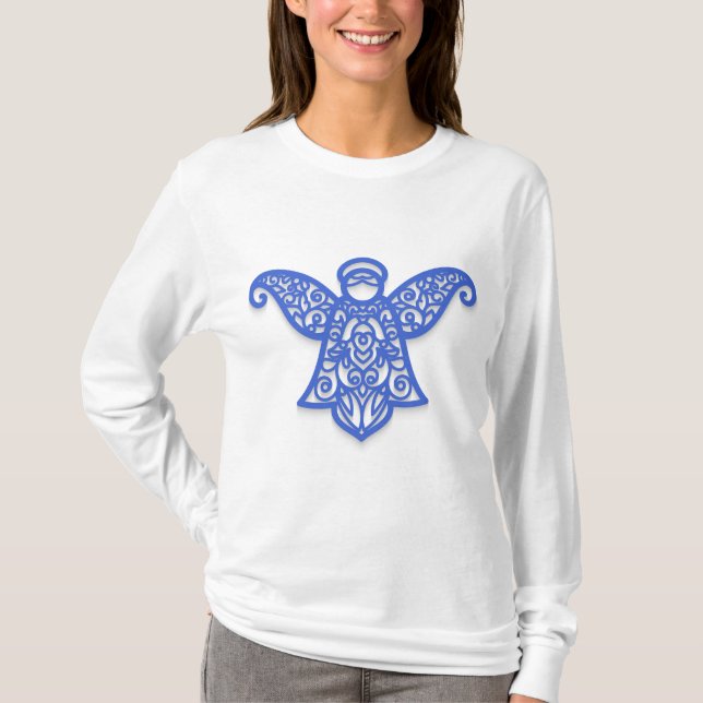Blue Filigree Angel Silhouette Ornate Lace T-Shirt (Front)