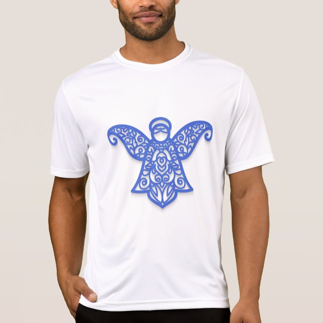 Blue Filigree Angel Silhouette Ornate Lace T-Shirt (Front)