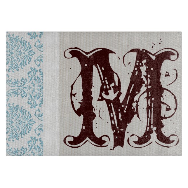 Blue Filigree Damask Monogram Glass Cutting Board (Front)
