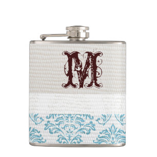 Blue Filigree Damask Monogram Whiskey Flask