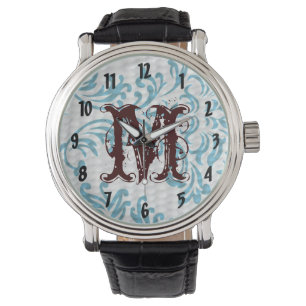 Blue Filigree Damask Wrist Watch
