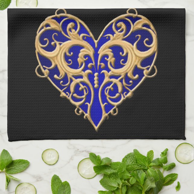 Blue Filigree Heart Kitchen Towel (Folded)
