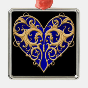 Blue Filigree Heart Square Ornament