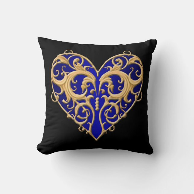 Blue Filigree Heart Throw Pillow (Front)
