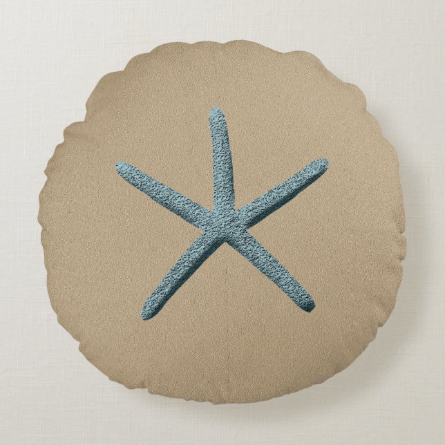 Blue Finger Starfish On Sand Coloured Background Round Cushion (Front)