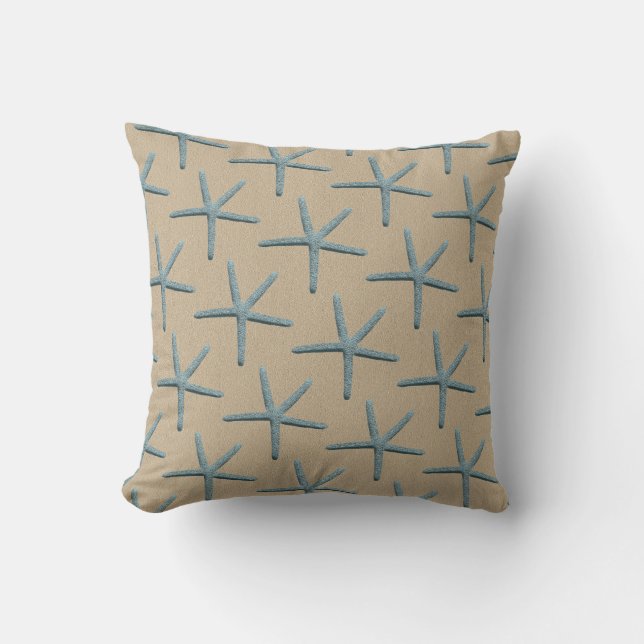Blue Finger Starfish Pattern On Sand Coloured Cushion (Front)