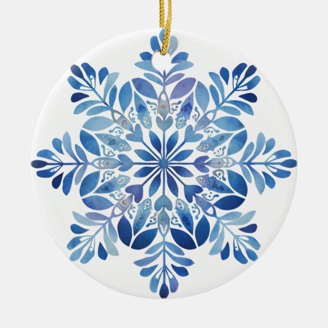 Blue Fir Snowflake Ornament | Watercolor Leaf Chri (Front)