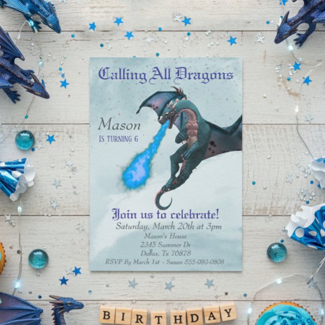 Blue Fire Breathing Dragon Serpent Birthday Party Invitation (Creator Uploaded)