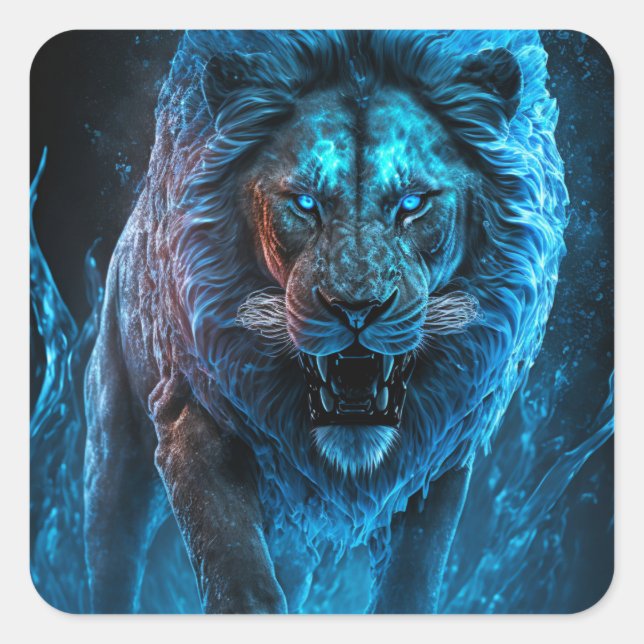 Blue Fire Lion Square Sticker (Front)