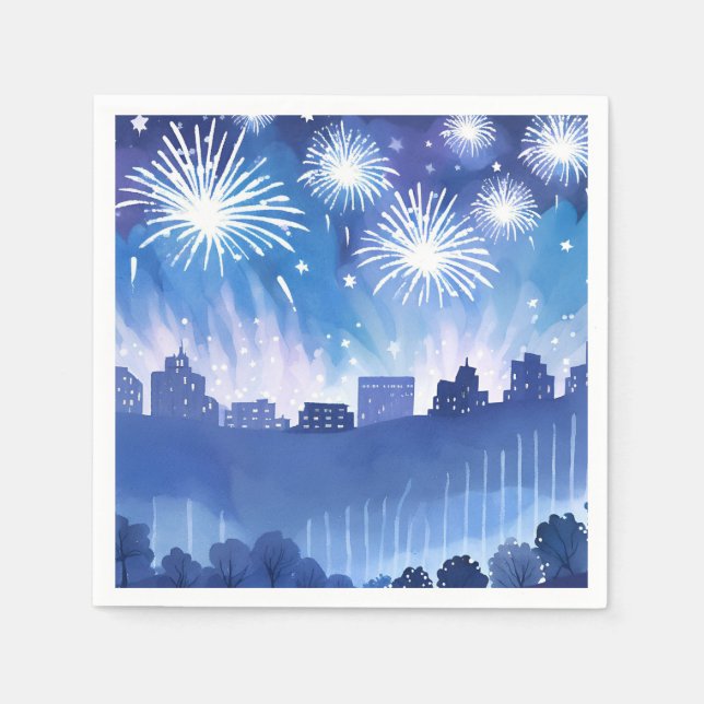 Blue Firework Display | Fireworks Watercolor Napkin (Front)