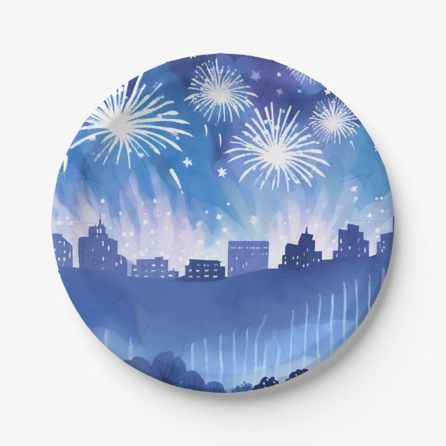 Blue Firework Display | Fireworks Watercolor Paper Plate (Front)