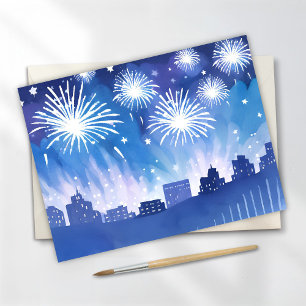Blue Firework Display   Fireworks Watercolor Postcard