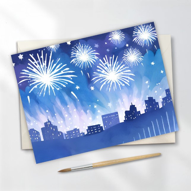 Blue Firework Display | Fireworks Watercolor Postcard (Creator Uploaded)