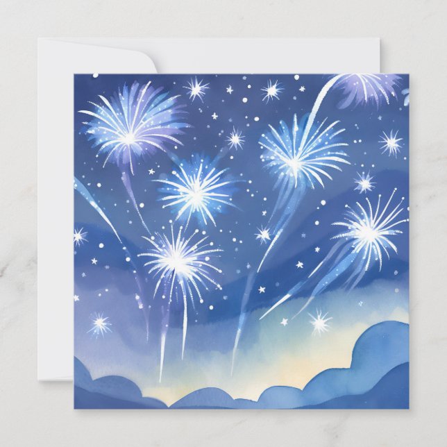 Blue Fireworks | Celebration Watercolor Card (Front)