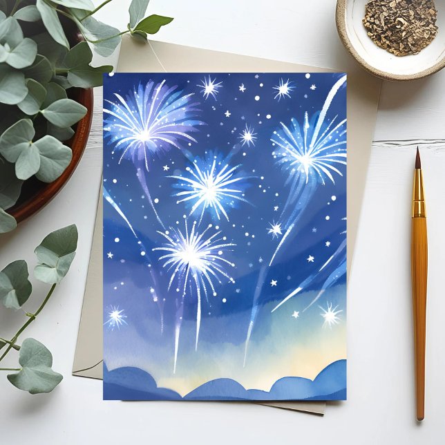Blue Fireworks | Firework Celebration Watercolor Holiday Card (Creator Uploaded)
