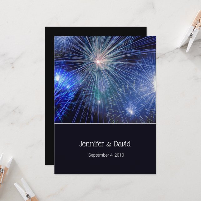 Blue Fireworks Wedding Invitation (Front/Back In Situ)