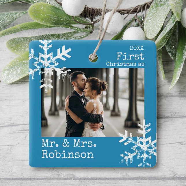 Blue First Christmas Mr. & Mrs. Custom Photo Ceramic Ornament (Rustic snowflake family holiday keepsake photo ornament perfect for gifts to bring joy to others.)