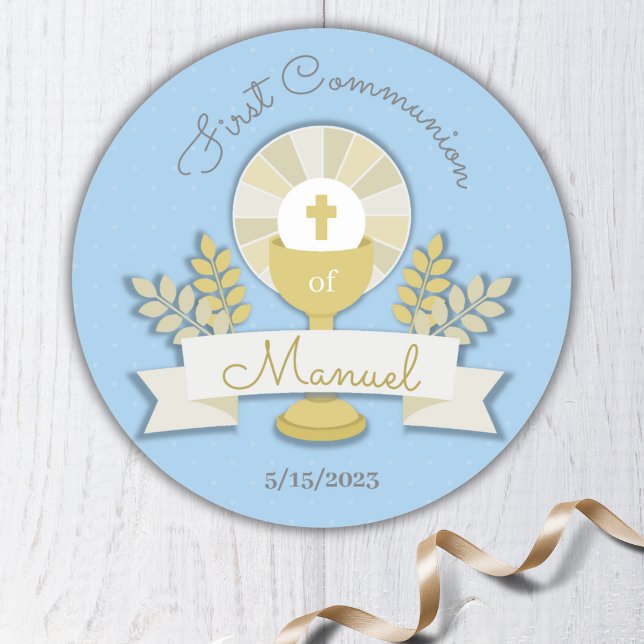 Blue First Communion Classic Round Sticker (Creator Uploaded)