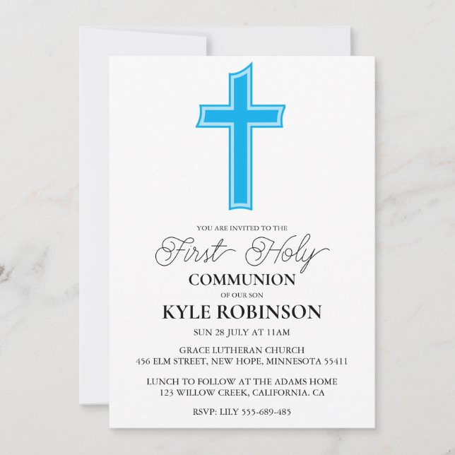blue first communion invitations (Front)