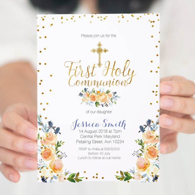 Blue First Holy Communion Gold floral invite (Creator Uploaded)