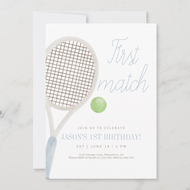 Blue First Match Tennis Birthday Invitation (Front)