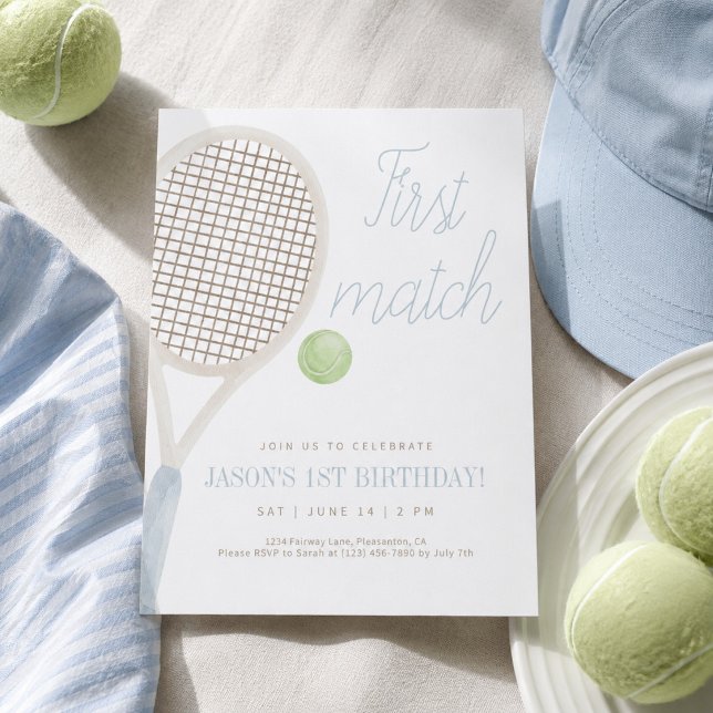 Blue First Match Tennis Birthday Invitation (Creator Uploaded)