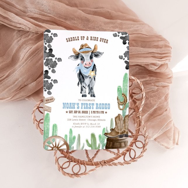 Blue First Rodeo 1st Birthday Invitation Boy Cow  (Creator Uploaded)