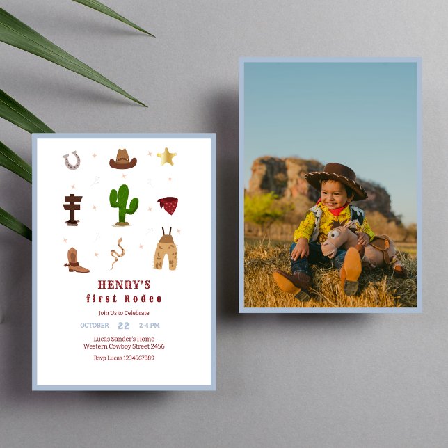 Blue First Rodeo Cowboy Kids Birthday Photo Invitation (Creator Uploaded)
