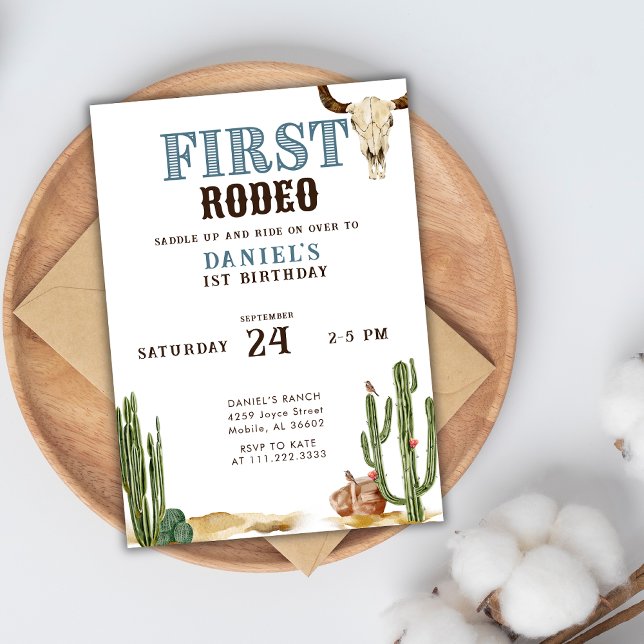 Blue First Rodeo Western Cowboy 1st Birthday  Invitation (Creator Uploaded)