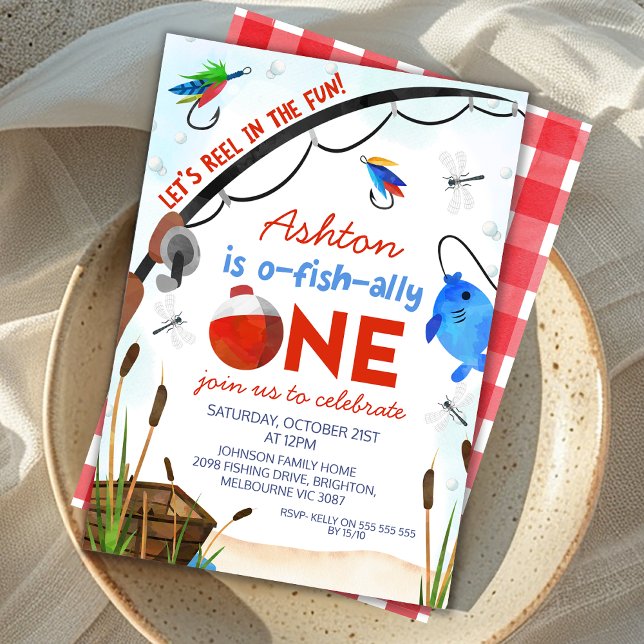 Blue Fish Boat Ofishally One 1st Birthday Invitation (Red Blue Ofishally One 1st Birthday Invitation for Little Boy, Fishing Themed First Birthday Invite)