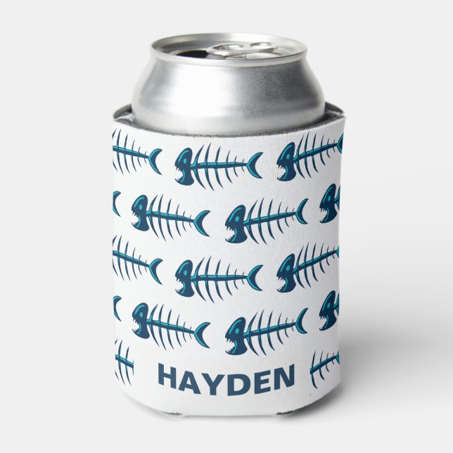 Blue Fish Bones Pattern Personalised Can Cooler (Can Front)